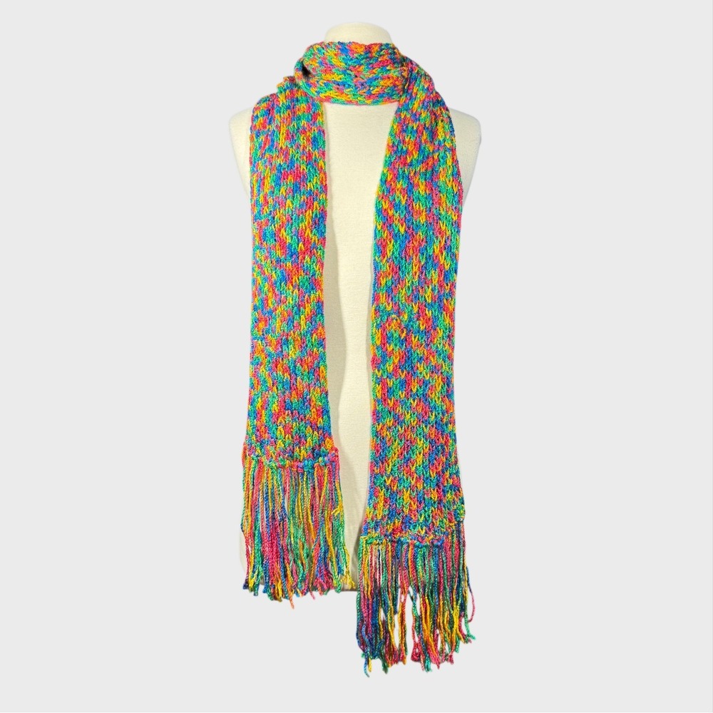 Multicolor Colorful Handmade Knit Crochet Scarf with Fringe super soft yarn